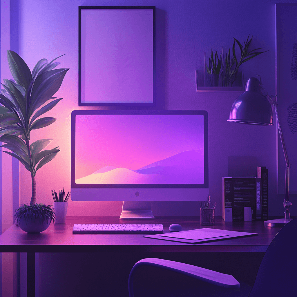 Markkinointitoimisto liilassa sumussa.